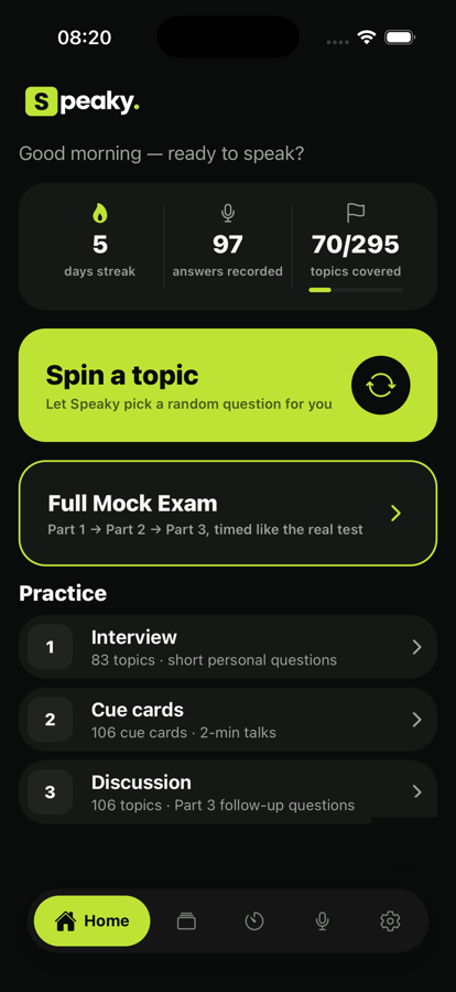Speaky home screen showing streak, topics covered, and a Spin a topic card