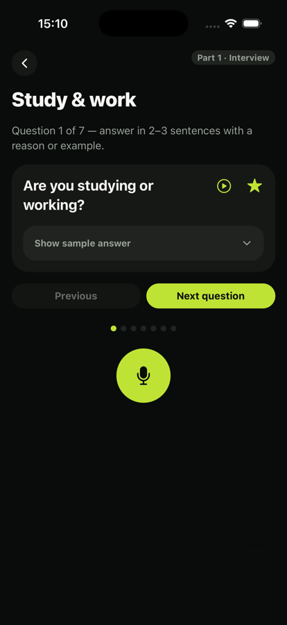 Part 1 interview question screen with a sample answer and record button