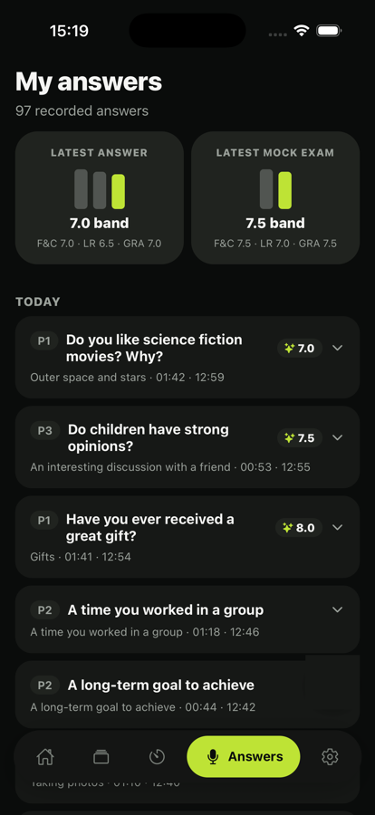 My answers screen listing recorded practice answers with timestamps